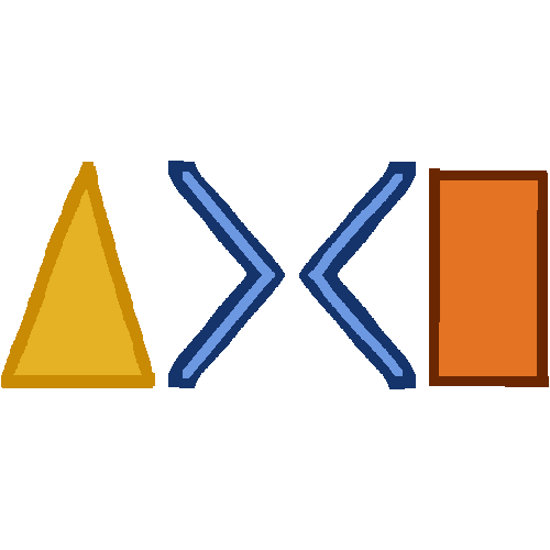 A yellow triangle and a orange rectangle. Between them are a blue greater than symbol and and blue less than symbol. They face away from each other